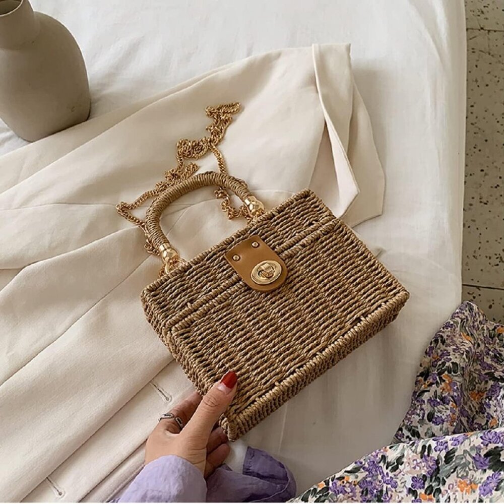 Handwoven Rattan vintage purse Bag Natural Chic Casual Handbag Beach Sea tote Ba - Picture 3 of 5
